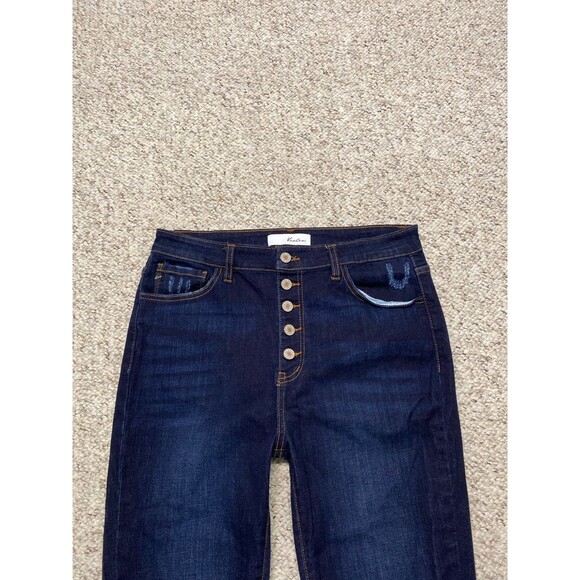 13/30 Kancan High-Rise Exposed Button Fly Dark Wash Distressed Raw Fray Hem - Picture 2 of 7